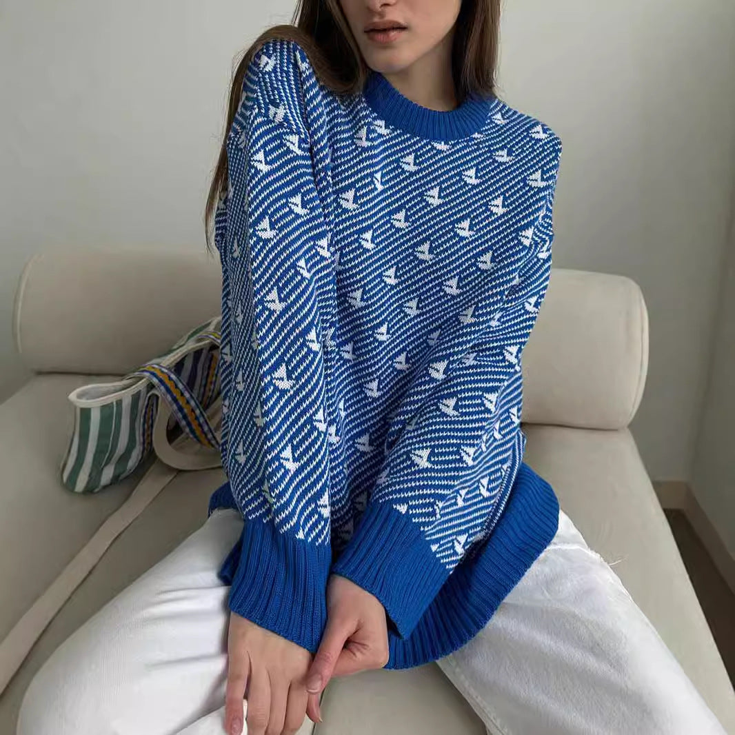 Round Neck Sailboat Sweater Loose Knitted Pullover