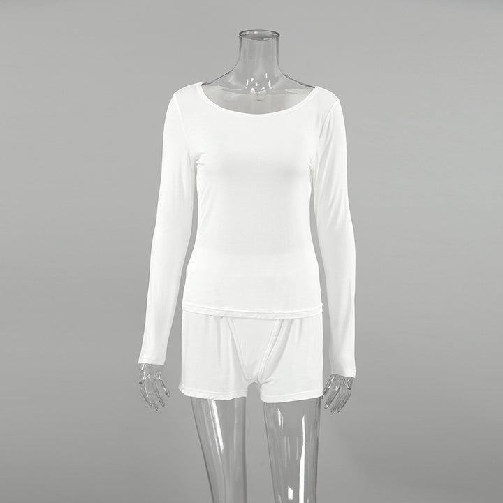 Slim-fit Soft Skin-friendly White Long Sleeve Shorts Two-piece Set