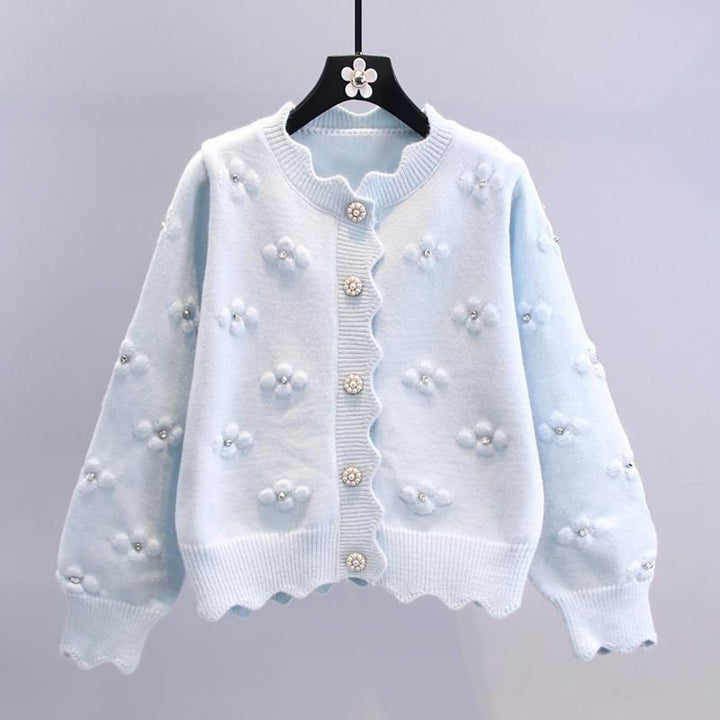 Three-dimensional Beaded Small Flower Sweater Coat Japanese College Style Western Style Youthful-looking Knitted Cardigan