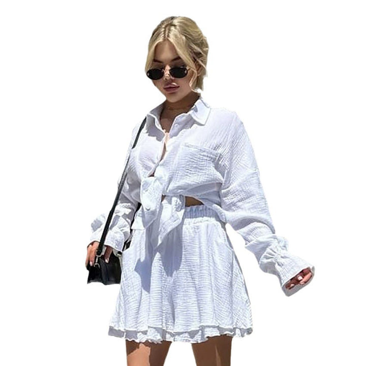 Women's Cotton Loose Cardigan Long Sleeve Shorts Pajamas Simple
