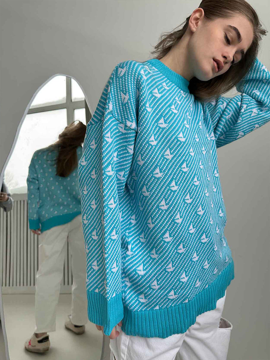 Round Neck Sailboat Sweater Loose Knitted Pullover