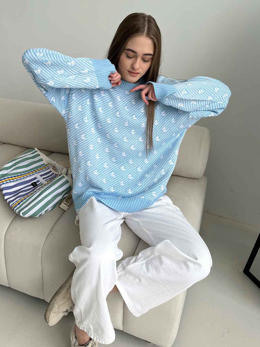 Round Neck Sailboat Sweater Loose Knitted Pullover