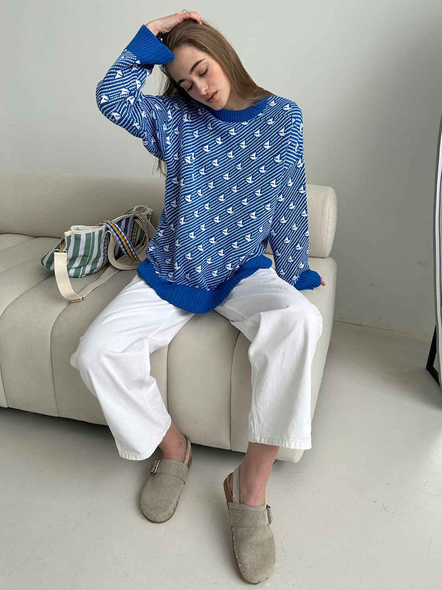 Round Neck Sailboat Sweater Loose Knitted Pullover