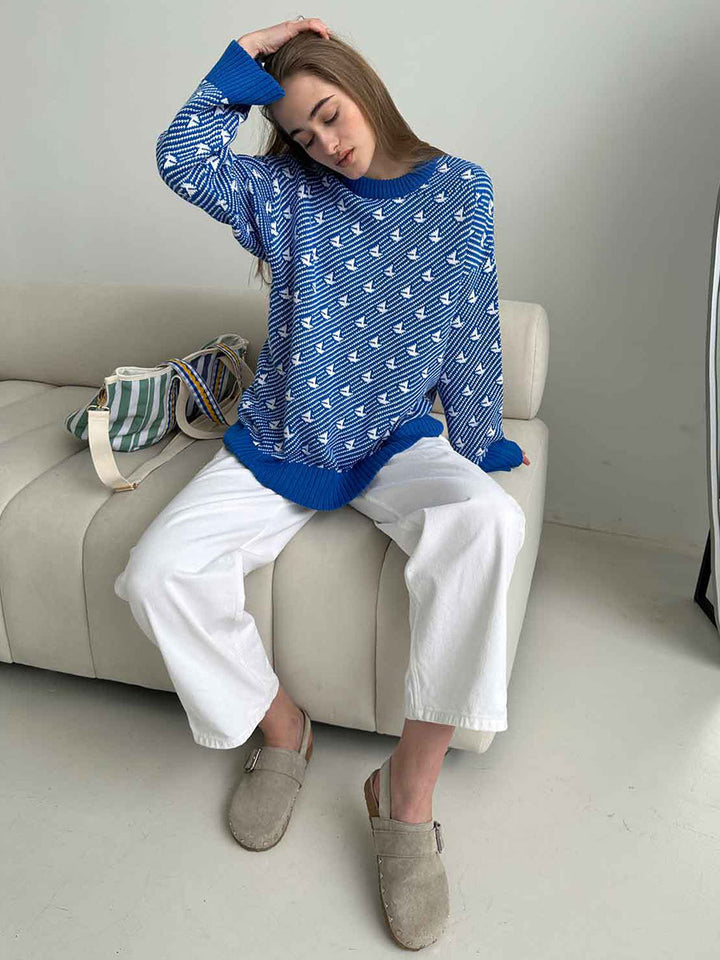 Round Neck Sailboat Sweater Loose Knitted Pullover