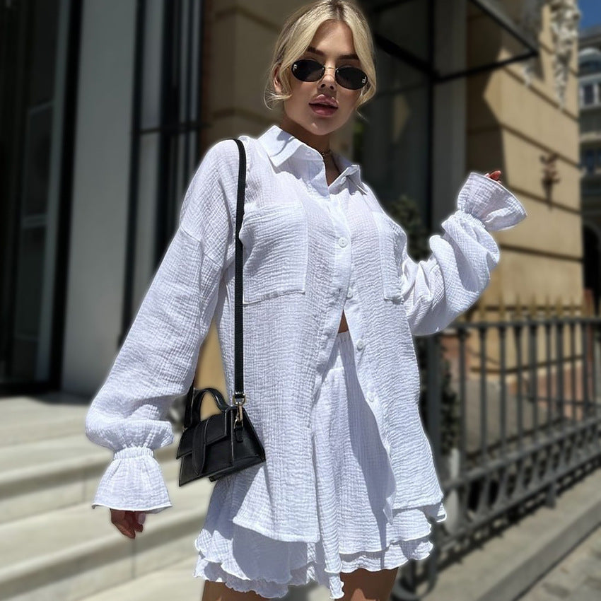 Women's Cotton Loose Cardigan Long Sleeve Shorts Pajamas Simple