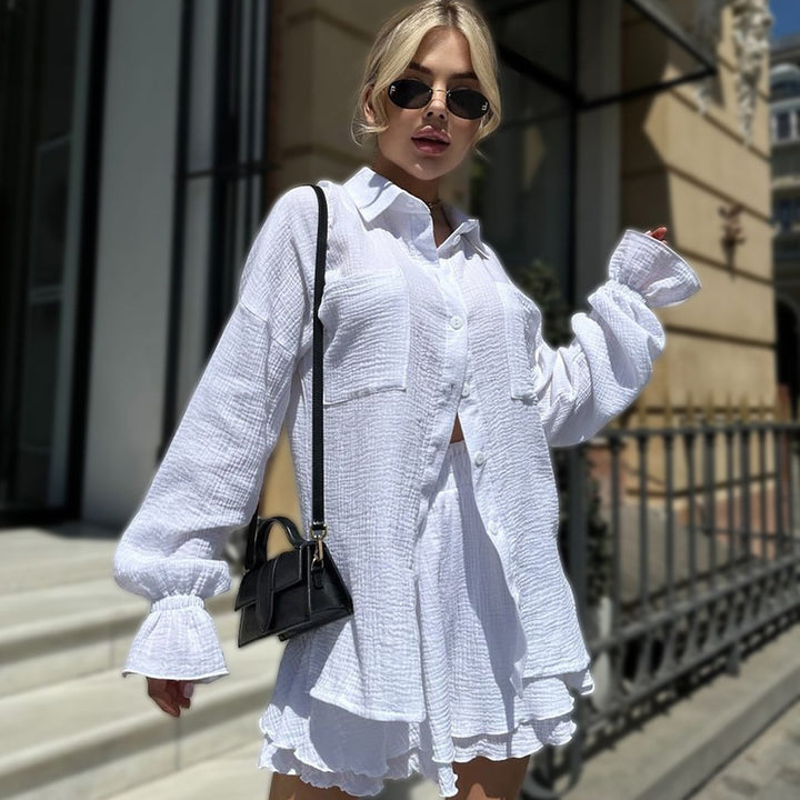 Women's Cotton Loose Cardigan Long Sleeve Shorts Pajamas Simple