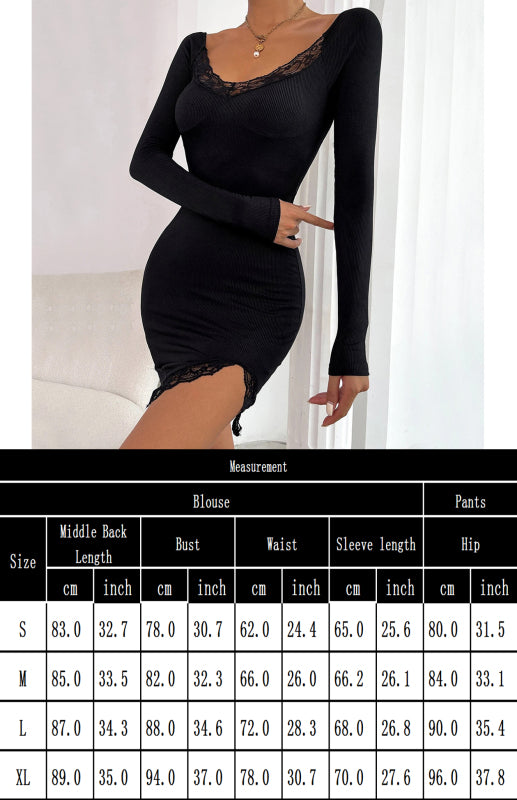 Women'S Casual Lace Trim Long Sleeve Hip Dress