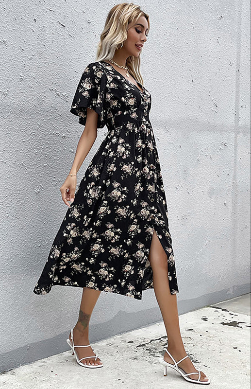 Women'S Short Sleeve Printed V-Neck Midi Dress