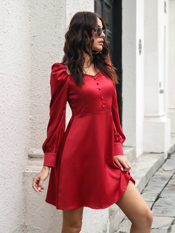 Women's color satin love collar bubble sleeve French Long Sleeve Dress