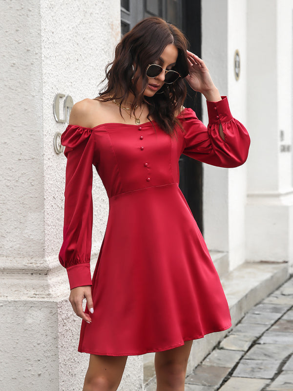 Women's color satin love collar bubble sleeve French Long Sleeve Dress