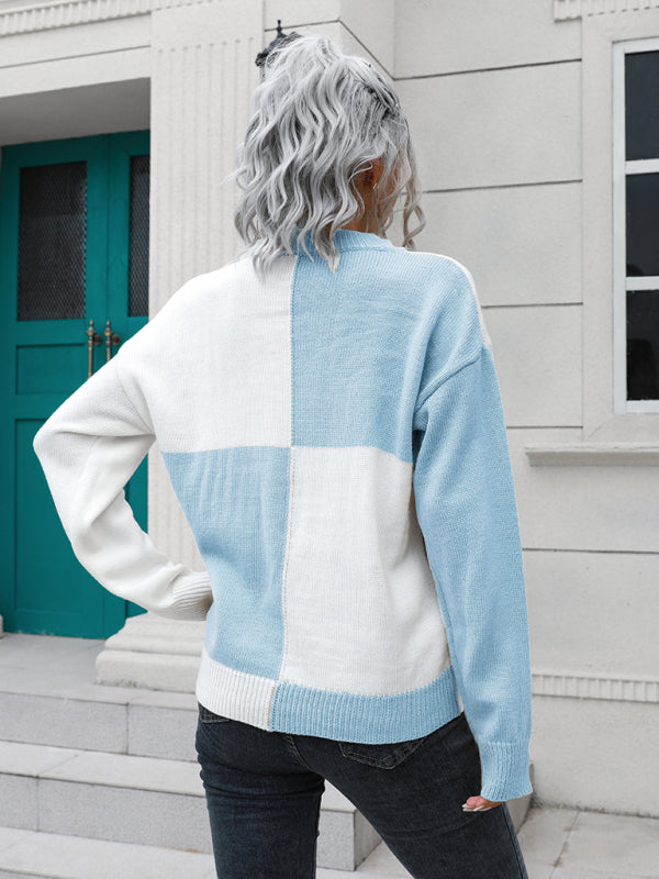 Women's chessboard Plaid loose long sleeve sweater