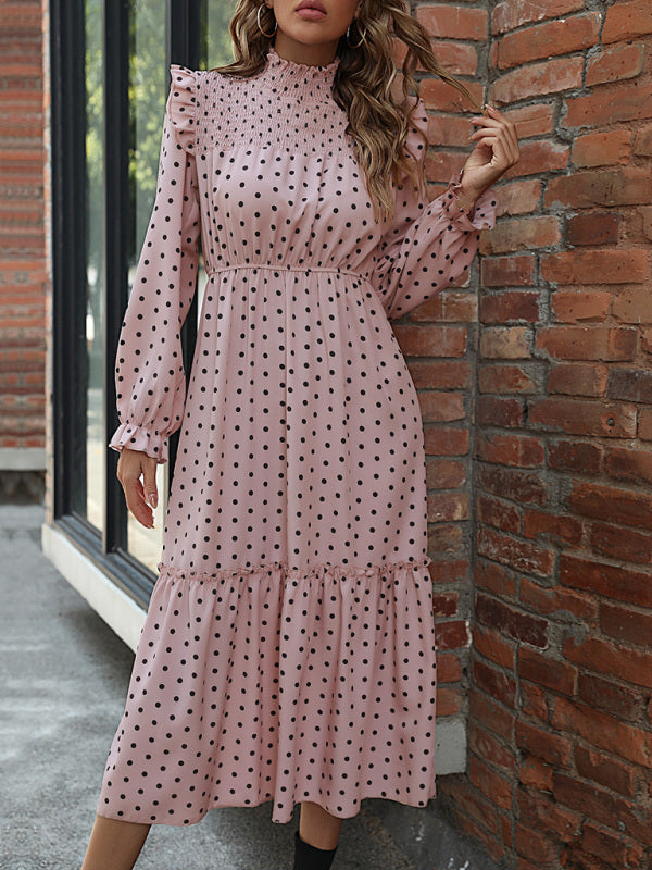 Women's half high neck polka dot patchwork cake dress