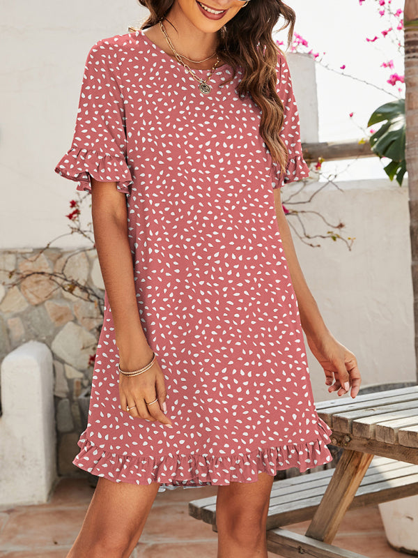 Women's Leopard Print Round Neck Short Sleeve Ruffle Dress