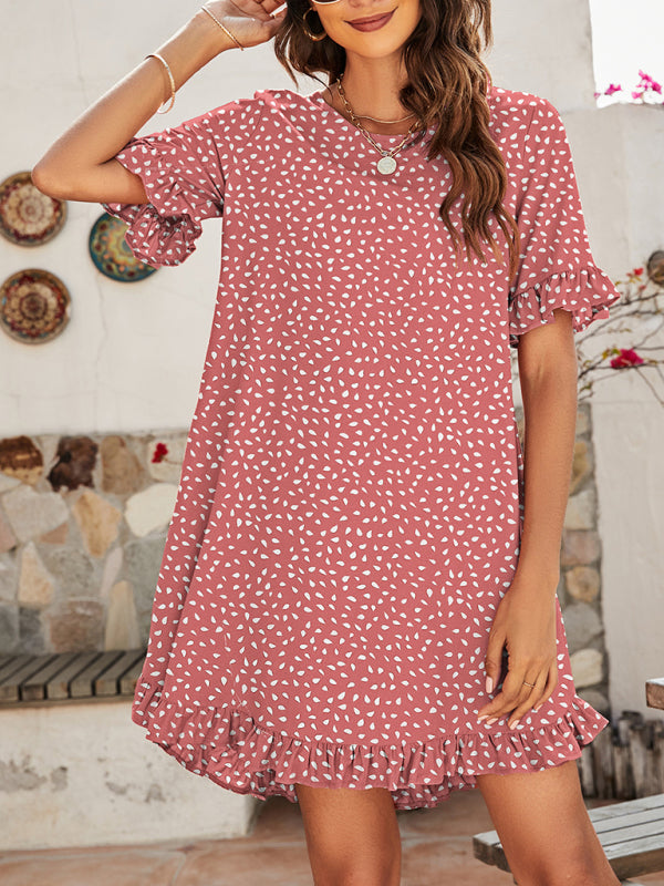 Women's Leopard Print Round Neck Short Sleeve Ruffle Dress
