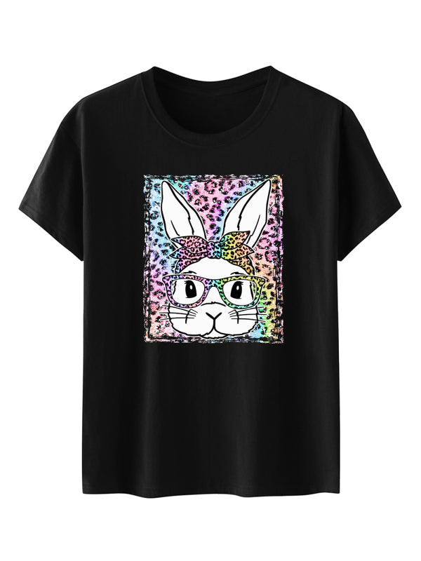 Women's Easter Leopard Bunny Print Short Sleeve T-Shirt