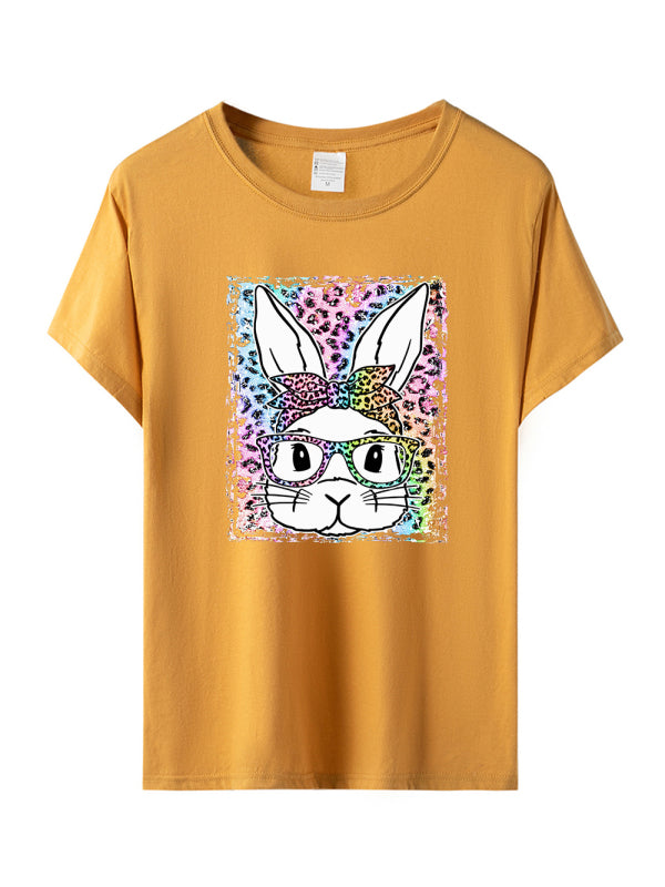 Women's Easter Leopard Bunny Print Short Sleeve T-Shirt