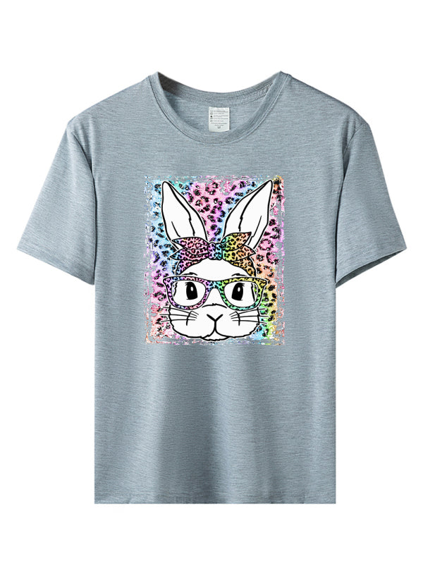 Women's Easter Leopard Bunny Print Short Sleeve T-Shirt