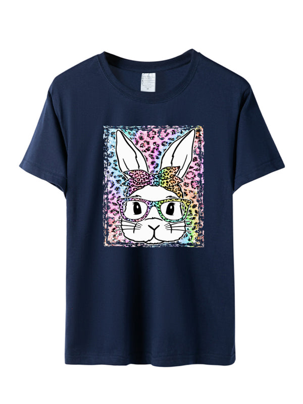 Women's Easter Leopard Bunny Print Short Sleeve T-Shirt