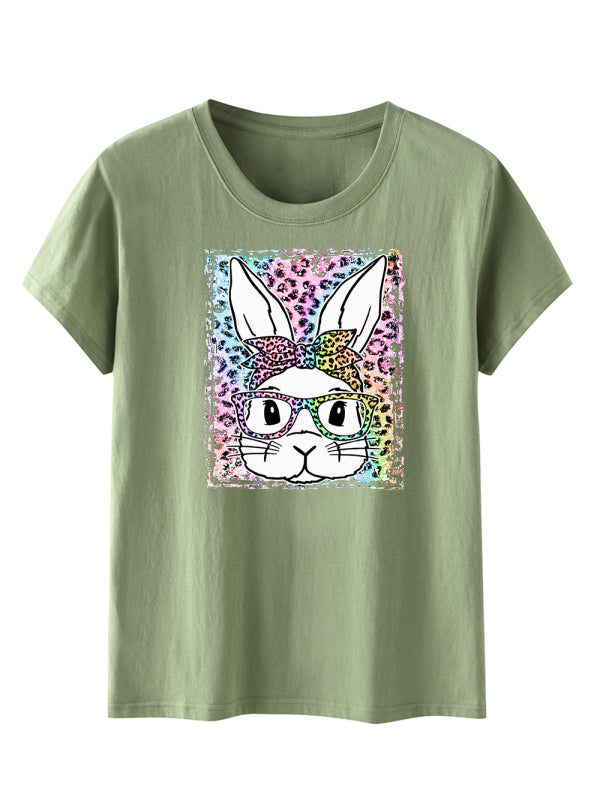 Women's Easter Leopard Bunny Print Short Sleeve T-Shirt