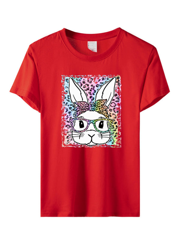 Women's Easter Leopard Bunny Print Short Sleeve T-Shirt