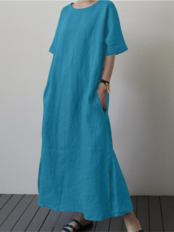 Women's Cotton Linen Loose Solid Color Short Sleeve Belt Slit Dress