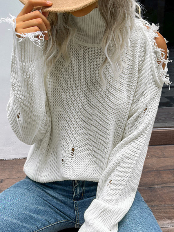 Shabby Long Sleeve Cutout White Turtleneck Sweater