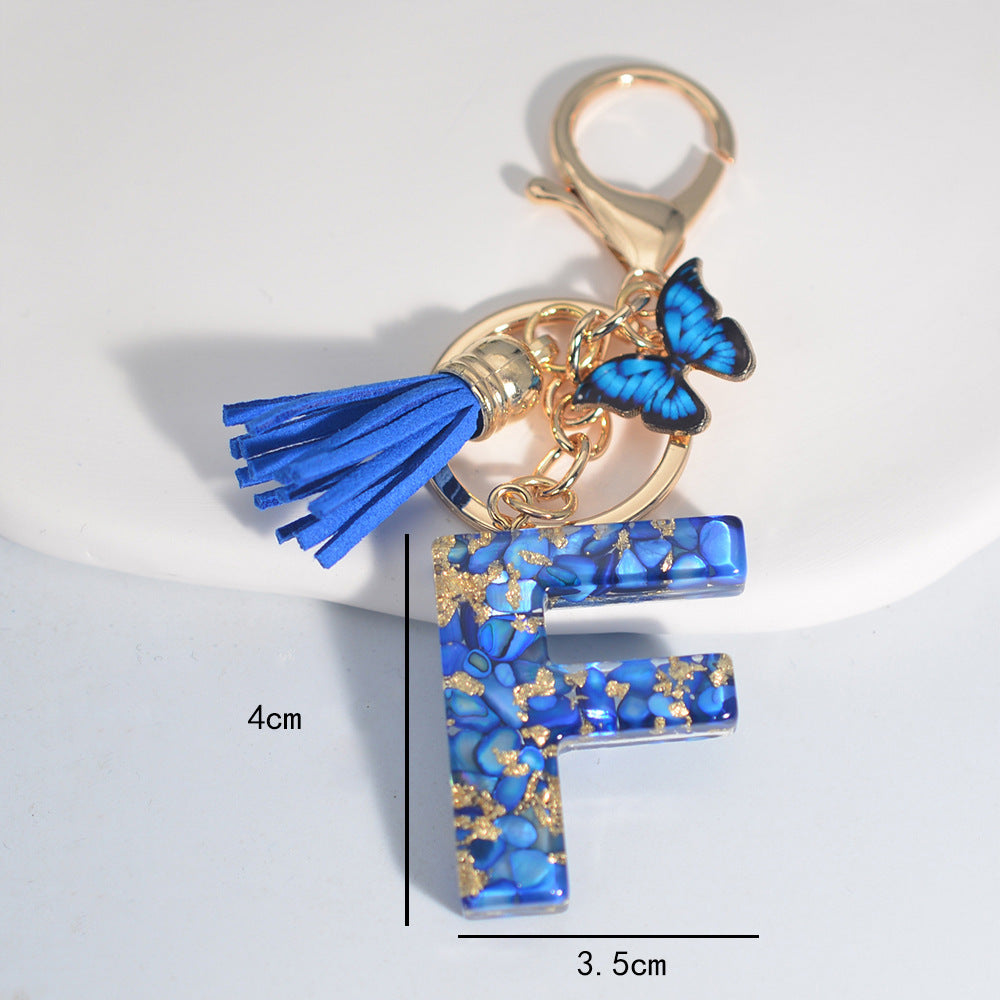 New Resin Blue Stone Letter Butterfly Tassel Letter Key Chain