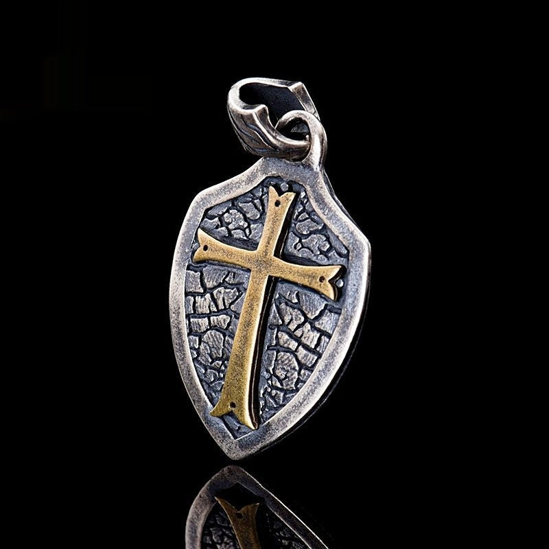 S925 Silver Cross Shield Necklace Pendant Dark Cold Style Sterling Silver Necklace