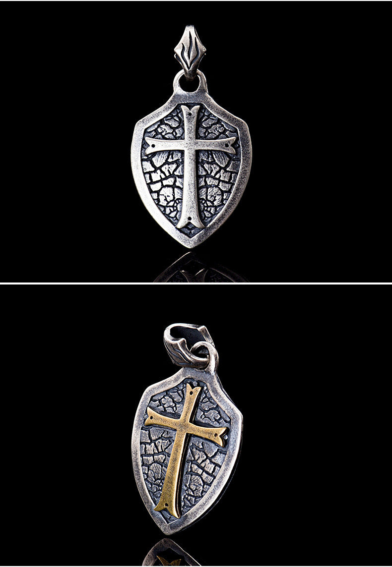 S925 Silver Cross Shield Necklace Pendant Dark Cold Style Sterling Silver Necklace