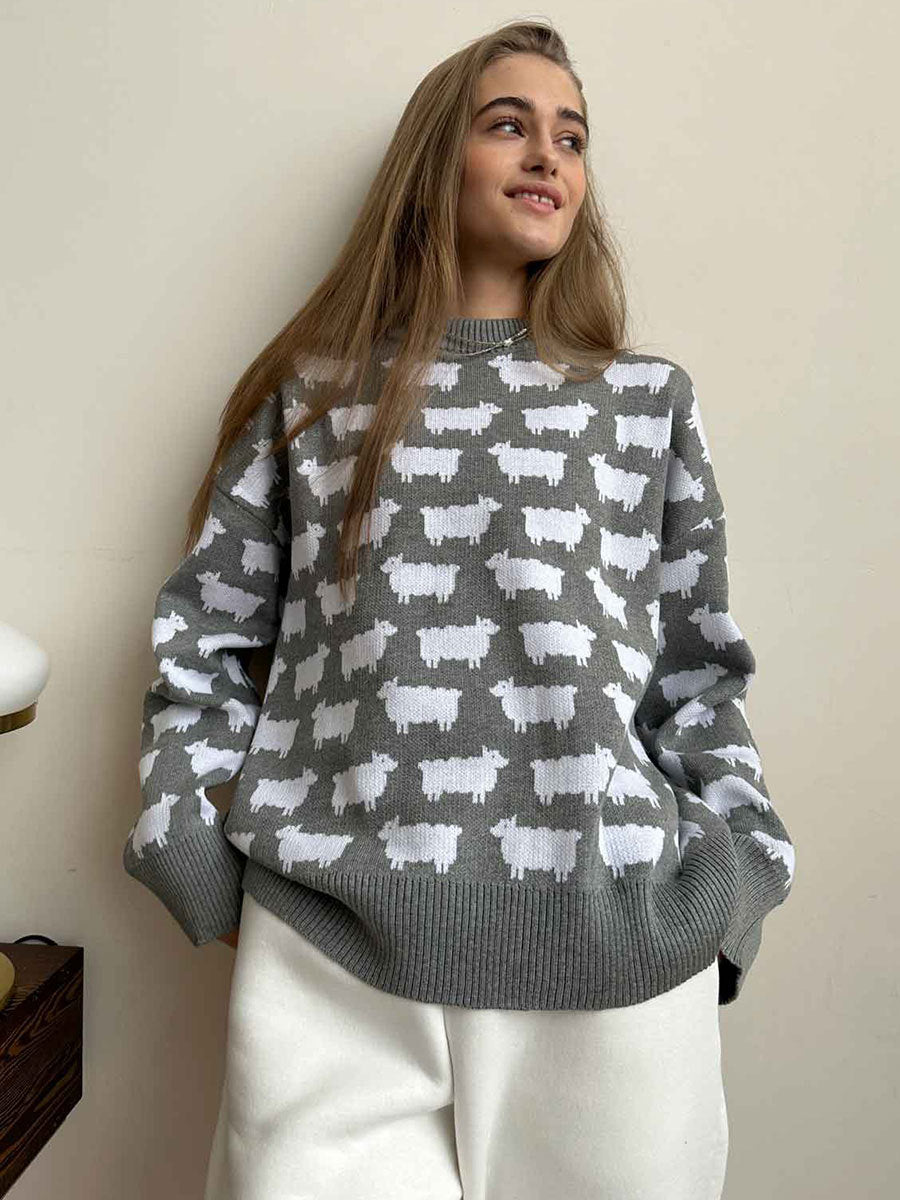 Women's Round Neck Alpaca Printed Sweater Loose