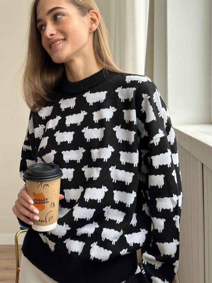 Women's Round Neck Alpaca Printed Sweater Loose