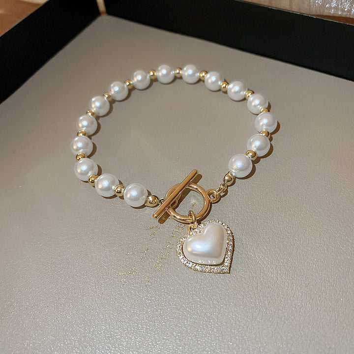 Diamond OT Buckle Pearl Heart Bracelet