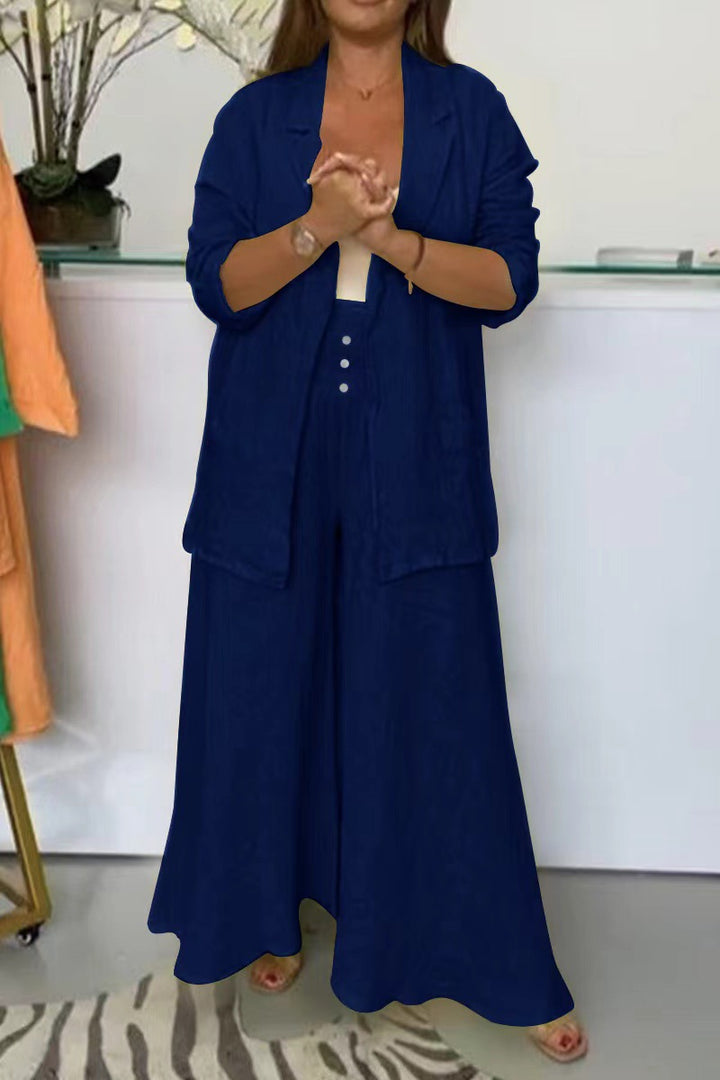 Cotton Linen Suit Collar Cardigan Smocking Wide Leg Pants Suit Women