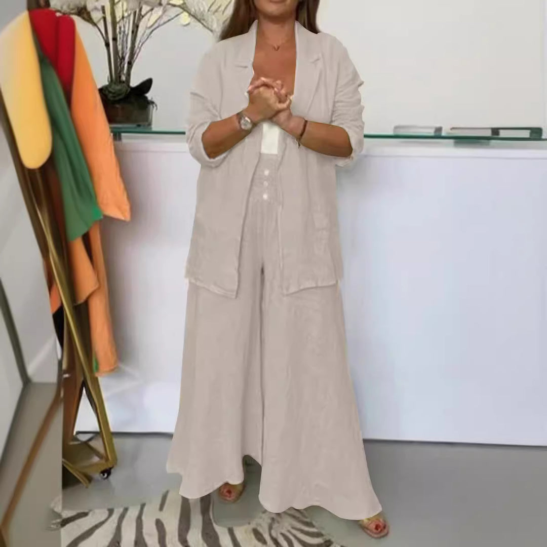 Cotton Linen Suit Collar Cardigan Smocking Wide Leg Pants Suit Women