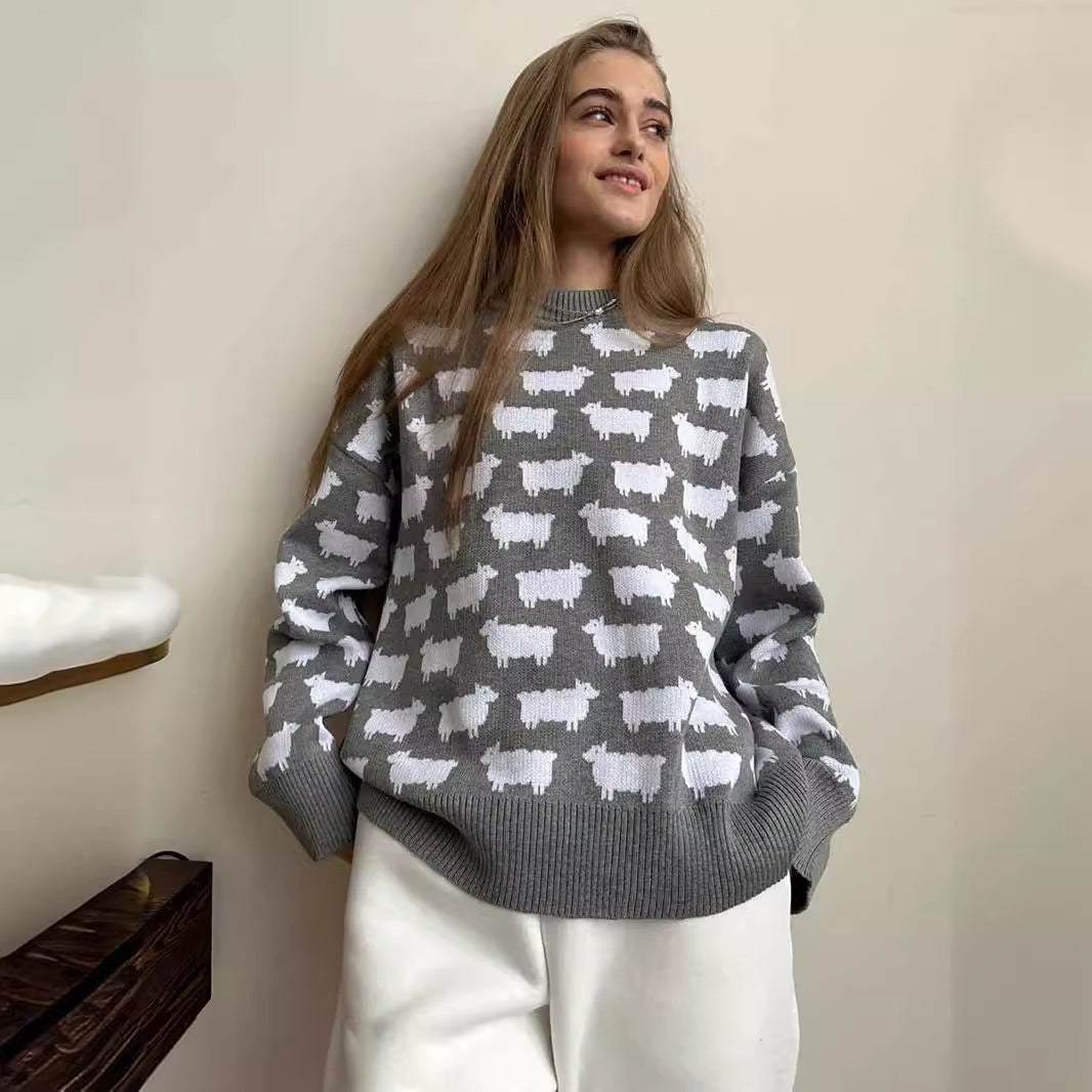 Women's Round Neck Alpaca Printed Sweater Loose