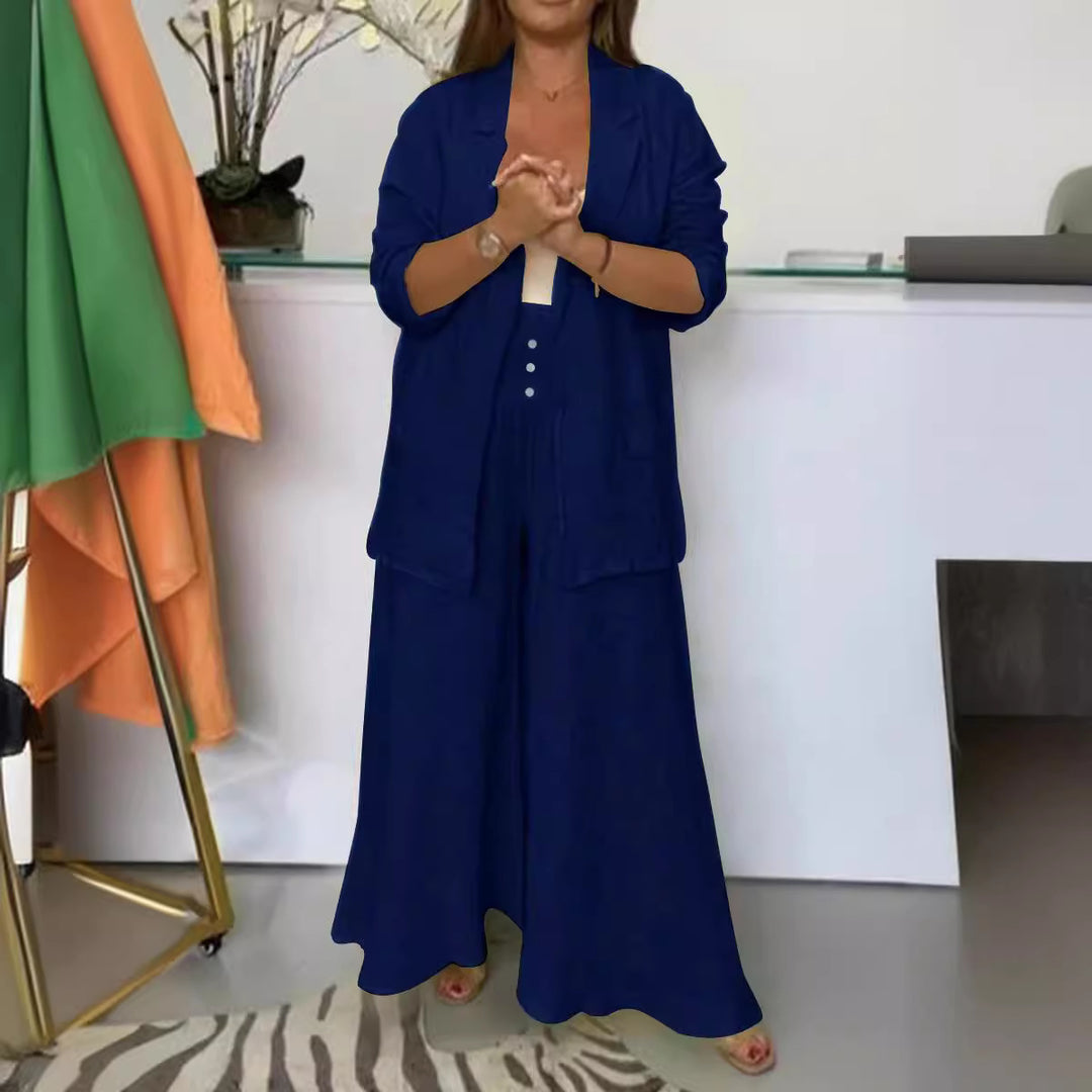 Cotton Linen Suit Collar Cardigan Smocking Wide Leg Pants Suit Women