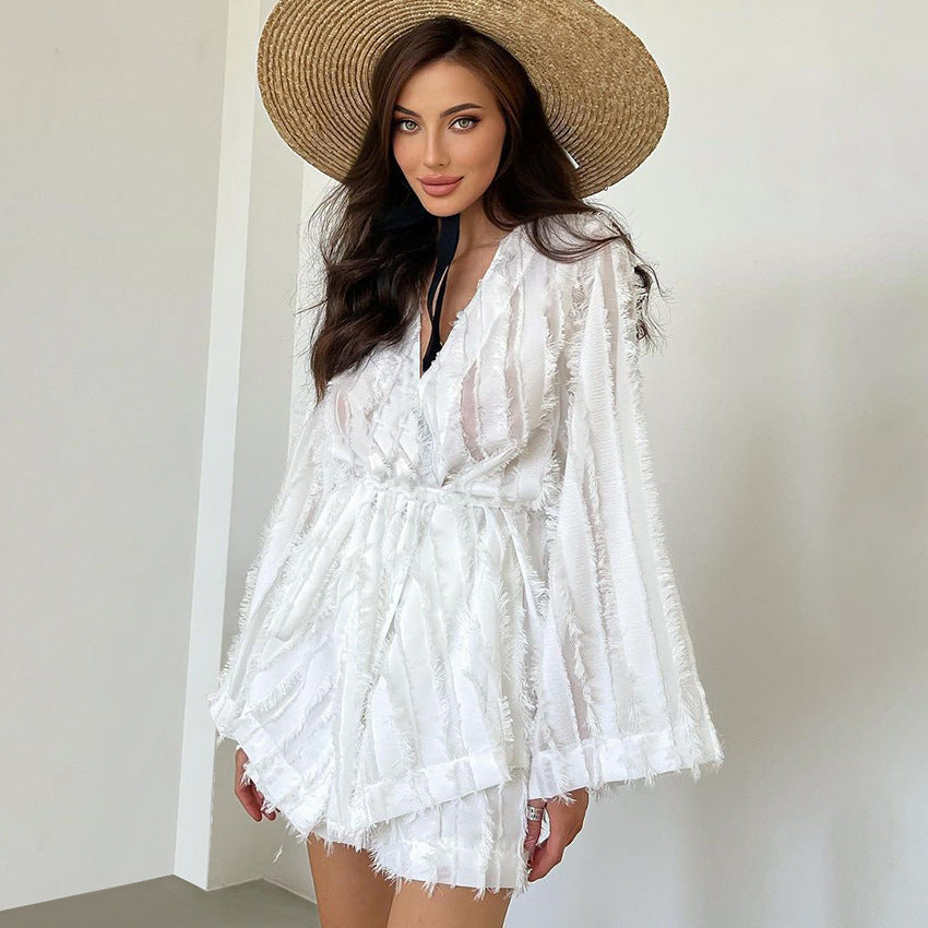 Fashion Feather Long Sleeve Nightgown Shorts Two-piece Set Ladies