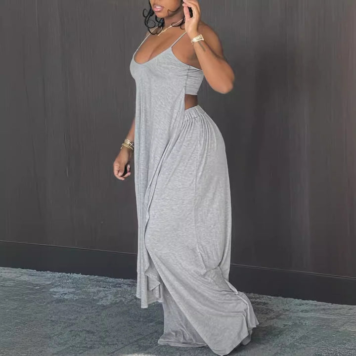 Flower Gray Loose Sling Wide-leg Pants Two-piece Set