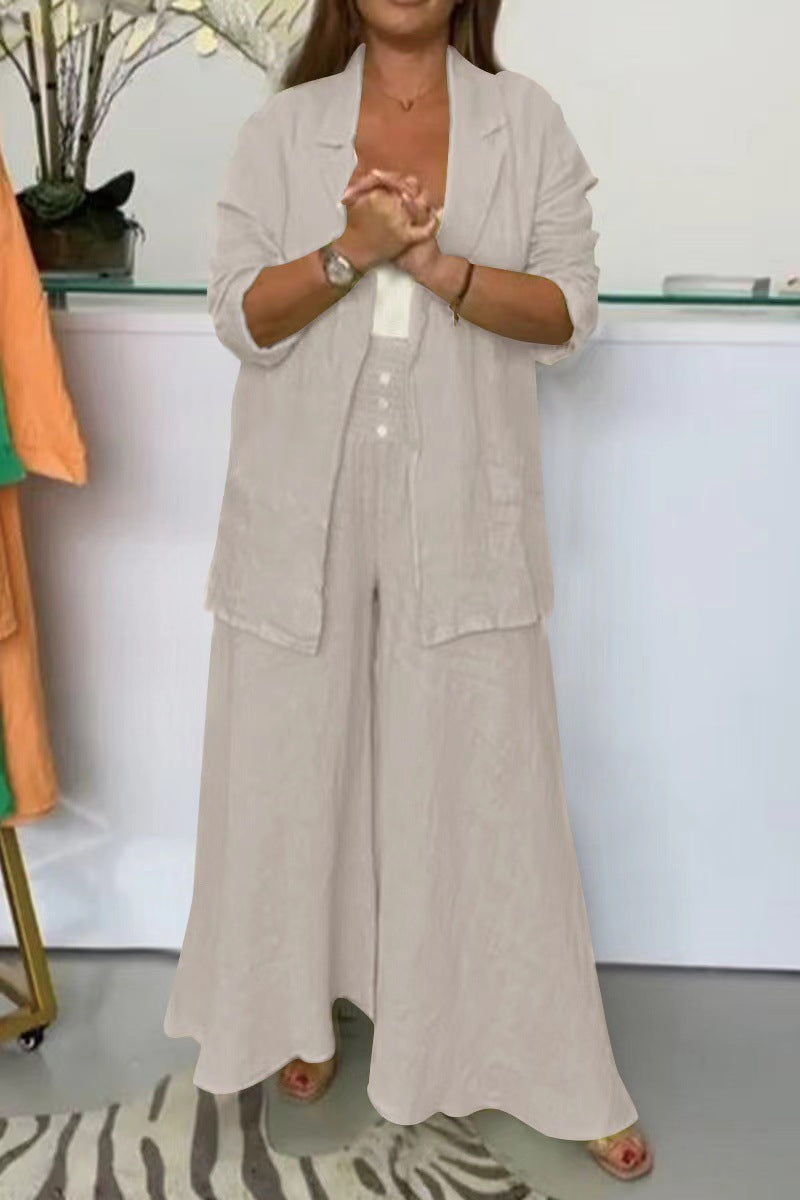 Cotton Linen Suit Collar Cardigan Smocking Wide Leg Pants Suit Women