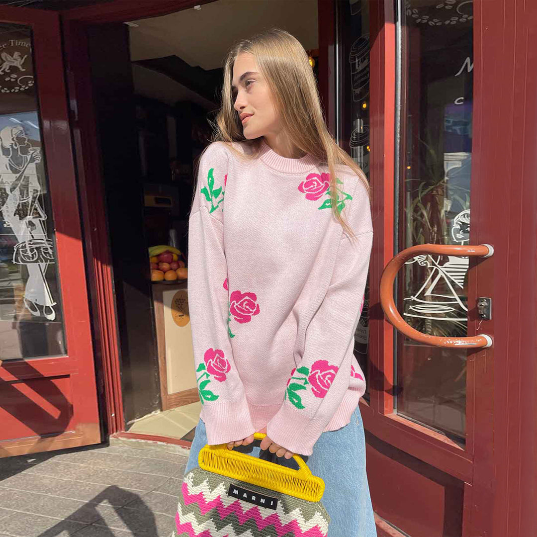 Women's Round Neck Rose Printed Sweater Sweater