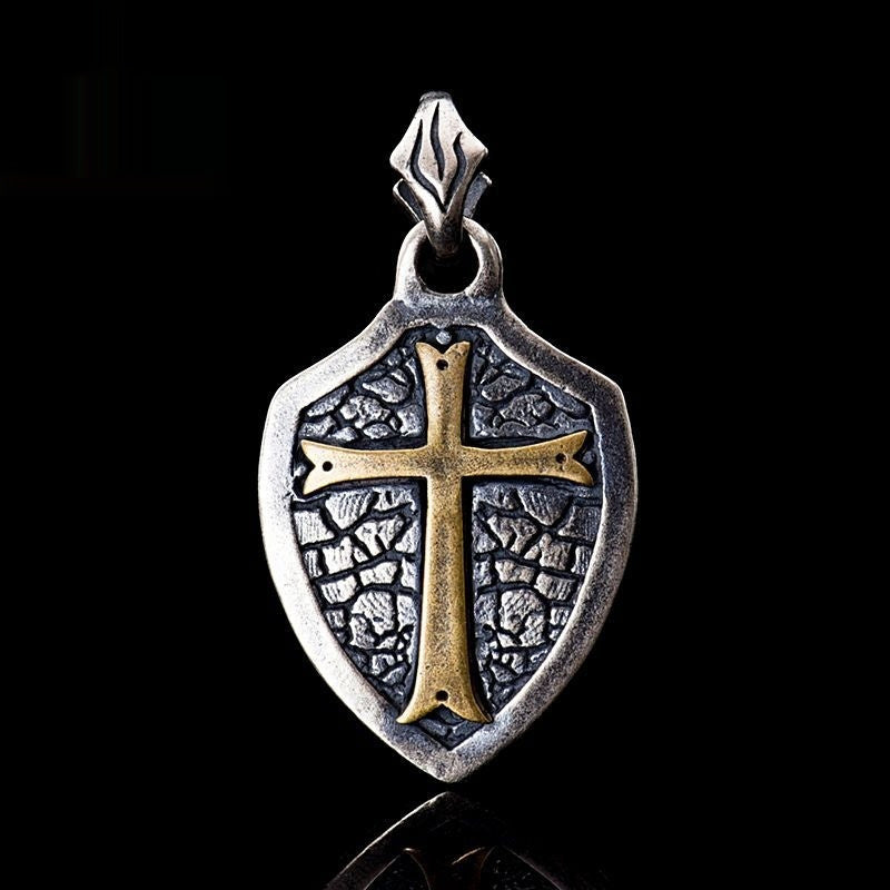 S925 Silver Cross Shield Necklace Pendant Dark Cold Style Sterling Silver Necklace