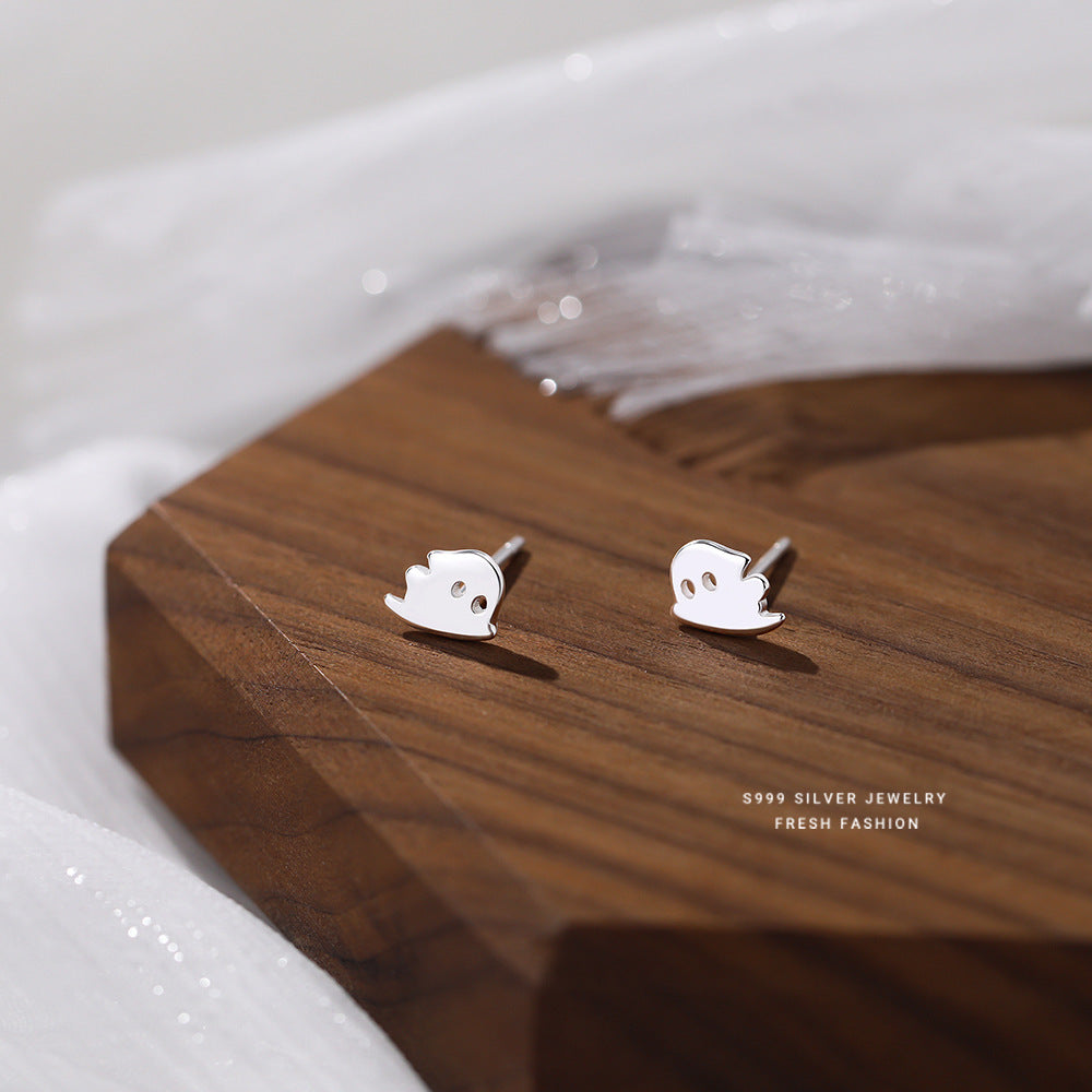 S999 Pure Silver Ghost Stud Earrings Female Niche Cartoon