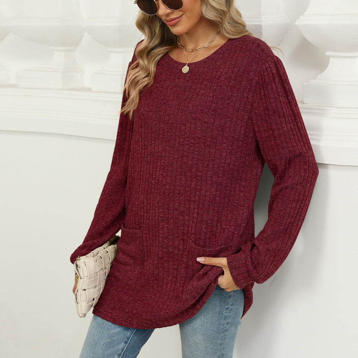 Casual Round Neck Pocket T-shirt Puff Sleeve Loose Top