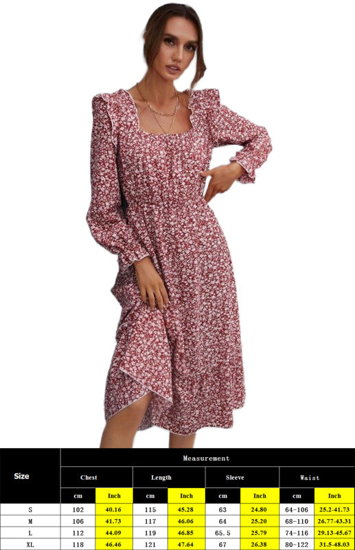 Ladies Square Neck Long Sleeve Ruffled Floral Dress