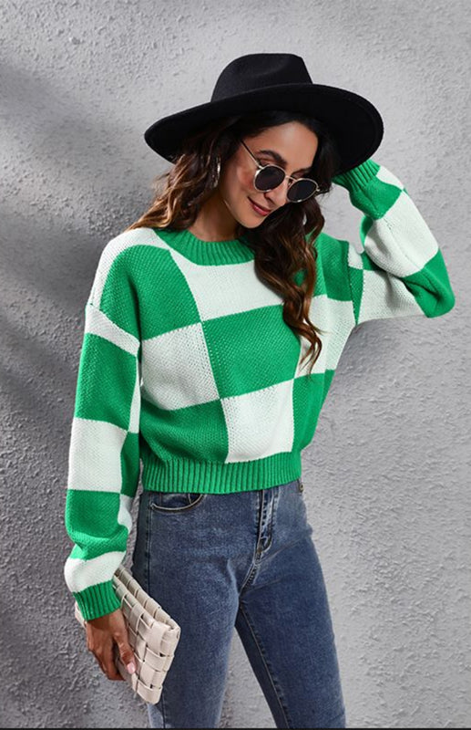 Checkerboard Long Sleeve Short Loose Knit Sweater