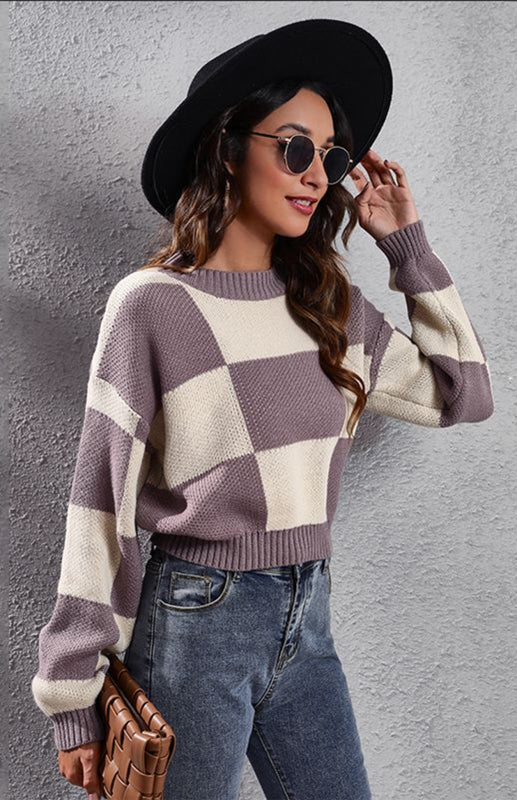 Checkerboard Long Sleeve Short Loose Knit Sweater