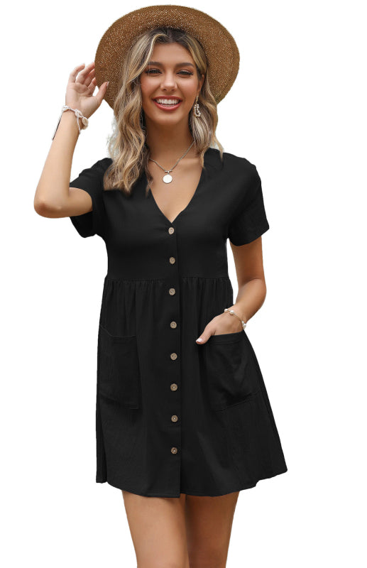 Ladies Solid Color V-Neck Short Sleeve Shirt Dress