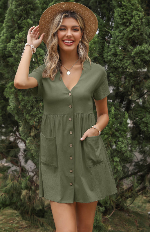 Ladies Solid Color V-Neck Short Sleeve Shirt Dress