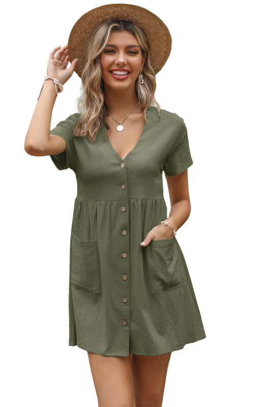 Ladies Solid Color V-Neck Short Sleeve Shirt Dress