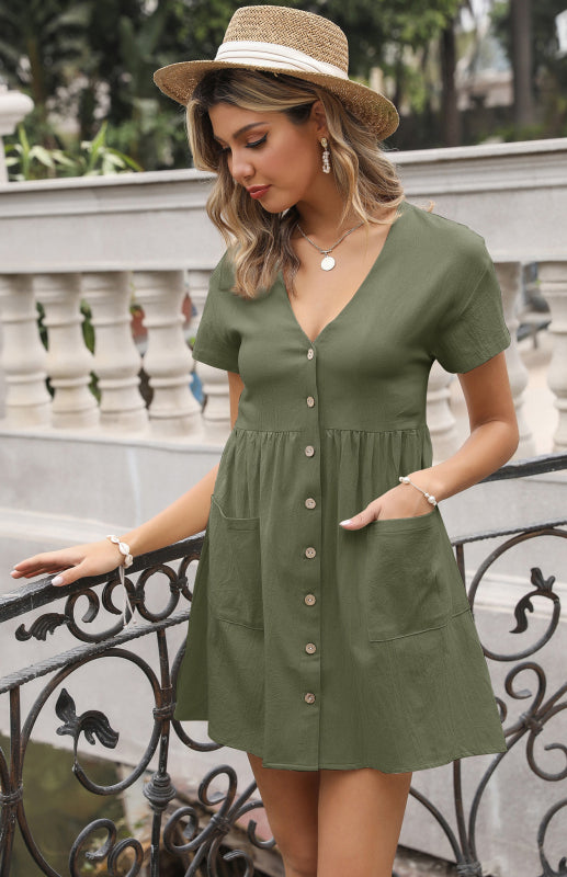 Ladies Solid Color V-Neck Short Sleeve Shirt Dress